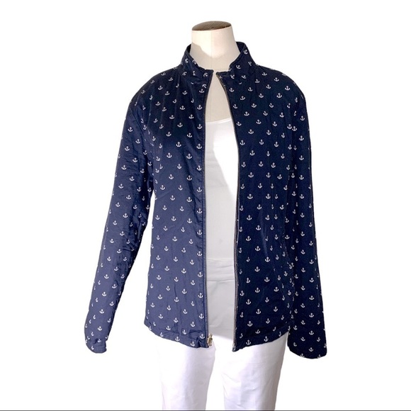 SPANNER Quilted Reversible Jacket Zip Up Sz L Navy Blue Anchors Pattern Pockets - Picture 4 of 15